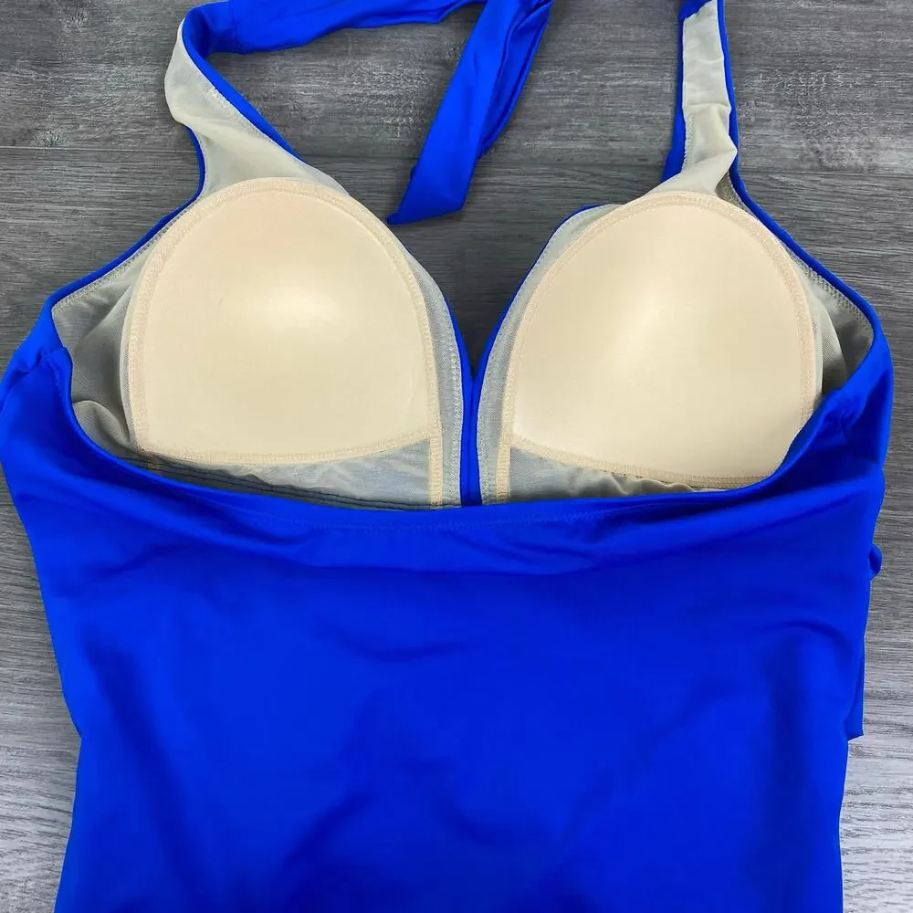 Swimsuits For All Blue Ruched Neck Tie One Piece Swimsuit Sz.14 NWT